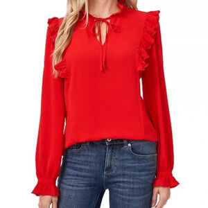 CeCe Ruffle Neck & Cuffs Long Sleeve Blouse Red S